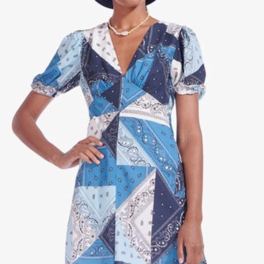 STAUD Milla Midi Dress Patchwork Bandana Capri w/ Short Puff Sleeves & Slit - Picture 1 of 11